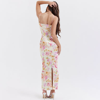 Robe imprimée à bretelles pour femmes, tenue de vacances sexy à dos nu et fente florale pour femmes