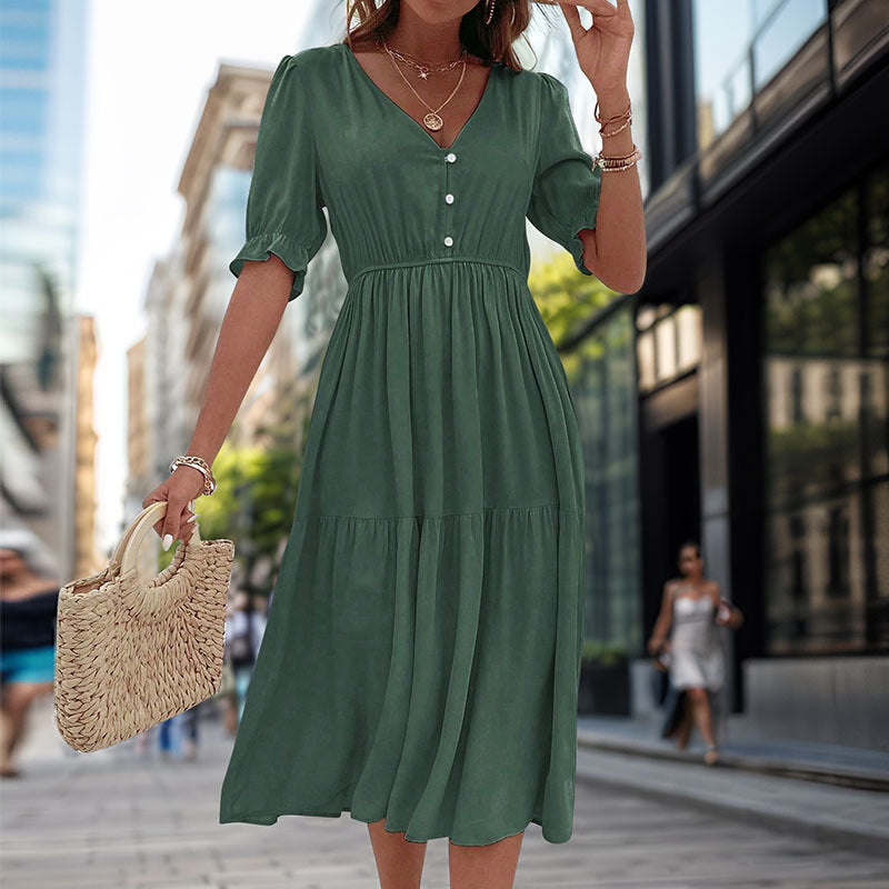 Robe d'été pour femmes, taille serrée, col en V, couleur unie