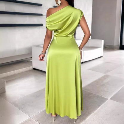 Summer Women Casual Solid Color Oblique Shoulder Asymmetric Dress Women