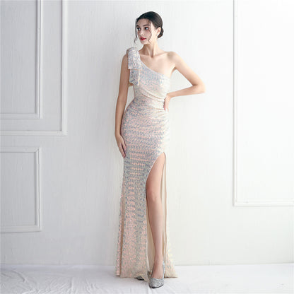 Craft Sequined Toast Clothing Long One Shoulder Appreciation Dinner Slim Fit Fishtail Wedding Socialite