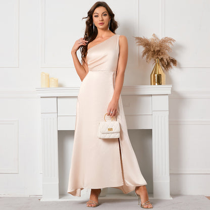 Robe de bal formelle en satin sans manches, sexy, épaules inclinées, demi-ouverte, dos nu, sans manches