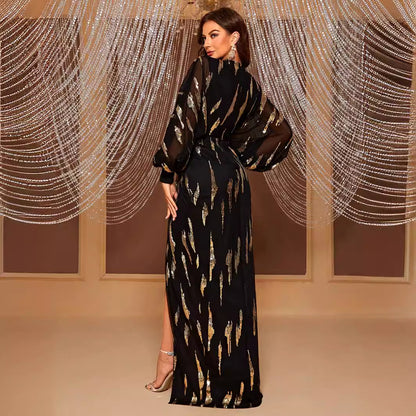 Product Dress Sequined Lantern Sleeve V neck Elegant Light Luxury Evening Dress Women