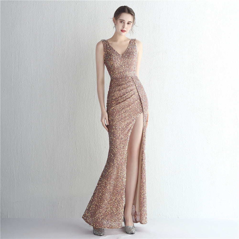 Handmade Sequin Ladies Cocktail Split Long Sequined Aura Queen Dinner Fishtail Dress