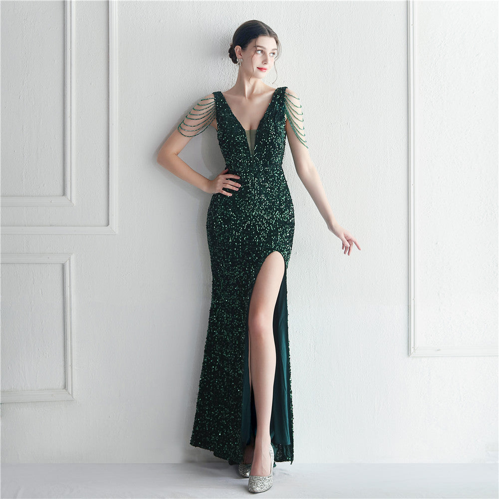 Socialite Star Formal Occasion Velvet Bottom Sequin Handmade Beaded Sleeveless V Neck Long Evening Dress