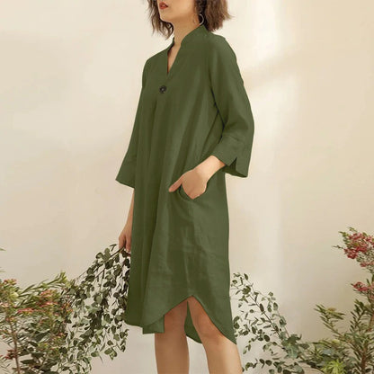 Fall Simple Loose Solid Color Mid Length V Neck Sleeves Casual Dress