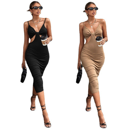 Spring Summer Women Sleeveless Backless Dress Sexy Hollow Out Cutout Sling Hip