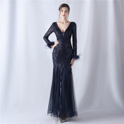 Ostrich Hair Mesh Sequin High End Evening Dress