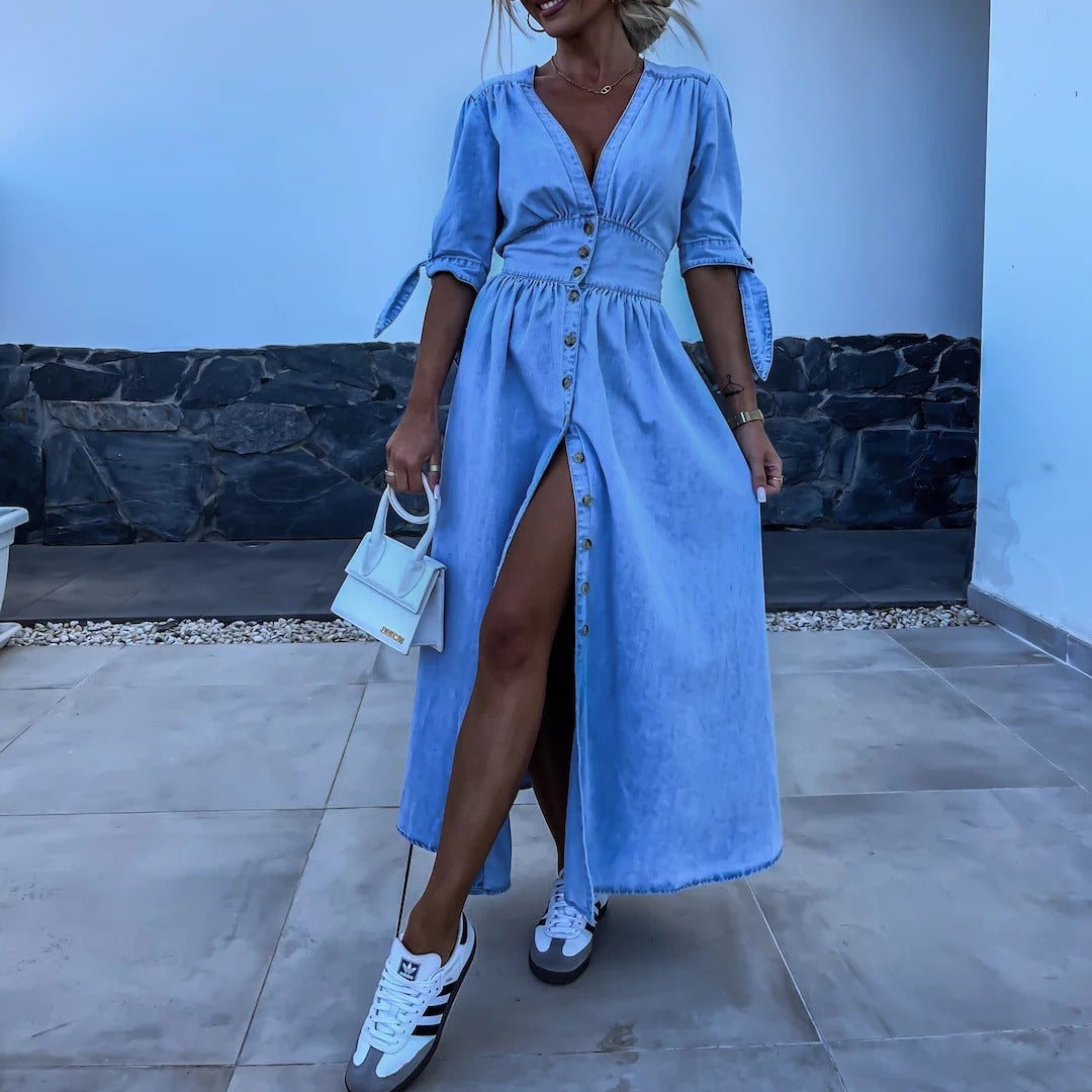 Robe en jean sexy à col en V et boutons pour femmes