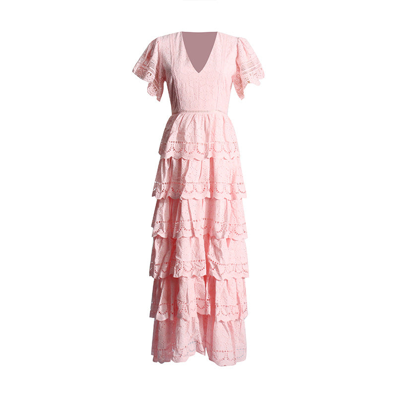 Robe longue à plusieurs niveaux pour femmes, Vintage français, manches volantes, ajouré, Design en dentelle découpée, printemps