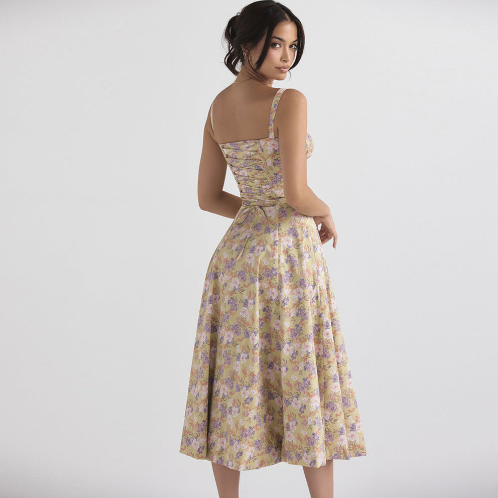 Vestido de mujer con cintura alta y abertura con tirantes florales Vestido de vacaciones para mujer