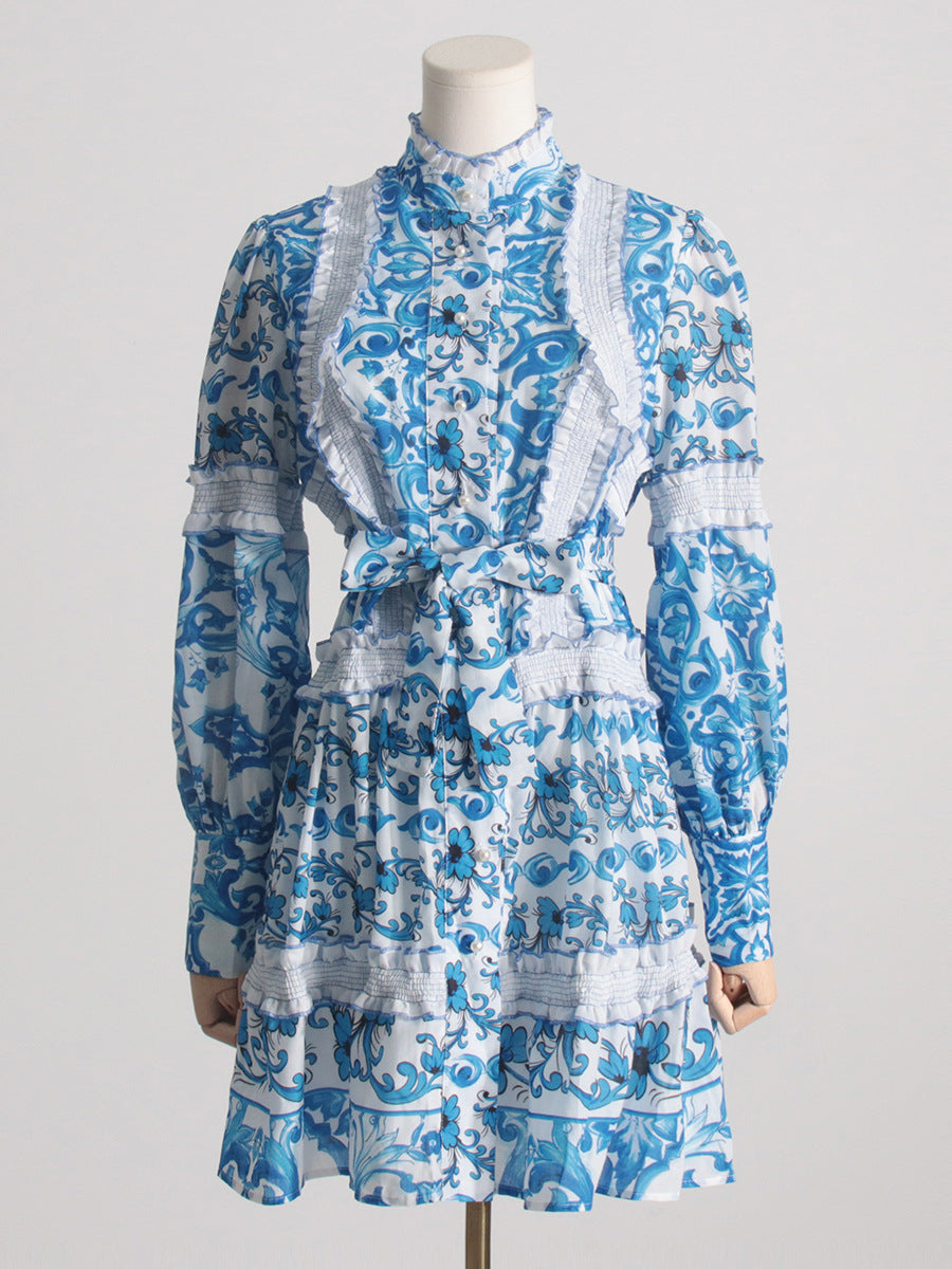 Robe courte à lacets et col montant français pour printemps et été, taille contrôlée, amincissante, manches lanternes, coutures