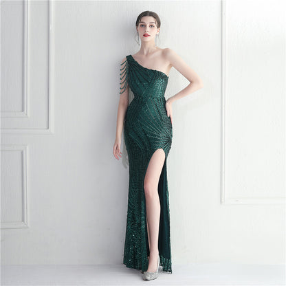 Floral Oblique Shoulder Collar Split Dinner Celebration Host Sexy Sequined Long Evening Dress