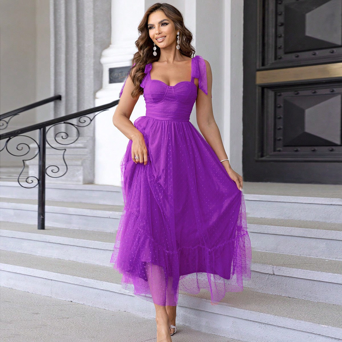 Fashionable Women Clothing Evening Dress Lace up Shoulder Pleated Hem Mesh Dress