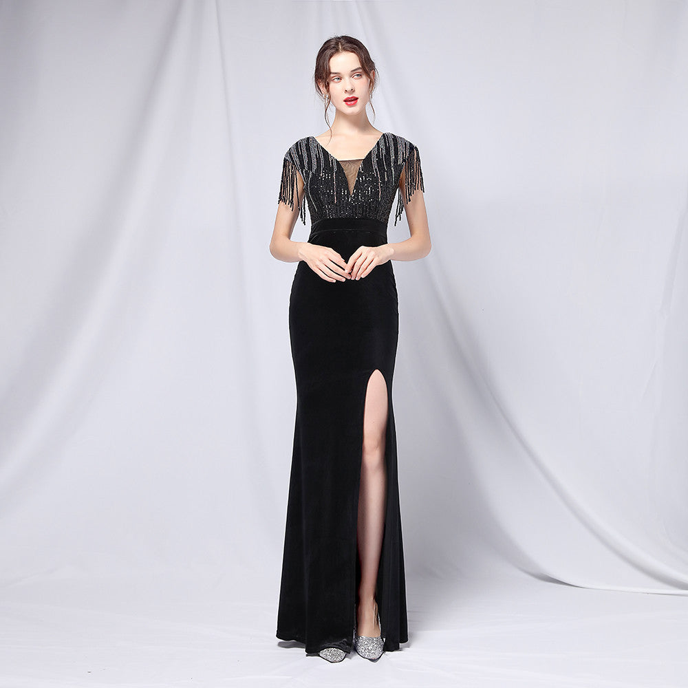 Velvet Gradient Sequin Cocktail Evening Dress Dress Company Annual Meeting Women Sexy Long Slit