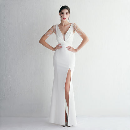 Satin Craft Beaded Long Banquet Slim Fit Evening Dress Elegant Long Sequin Annual Meeting Host