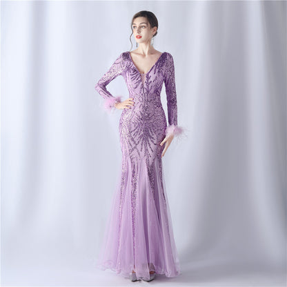 Ostrich Hair Mesh Sequin High End Evening Dress