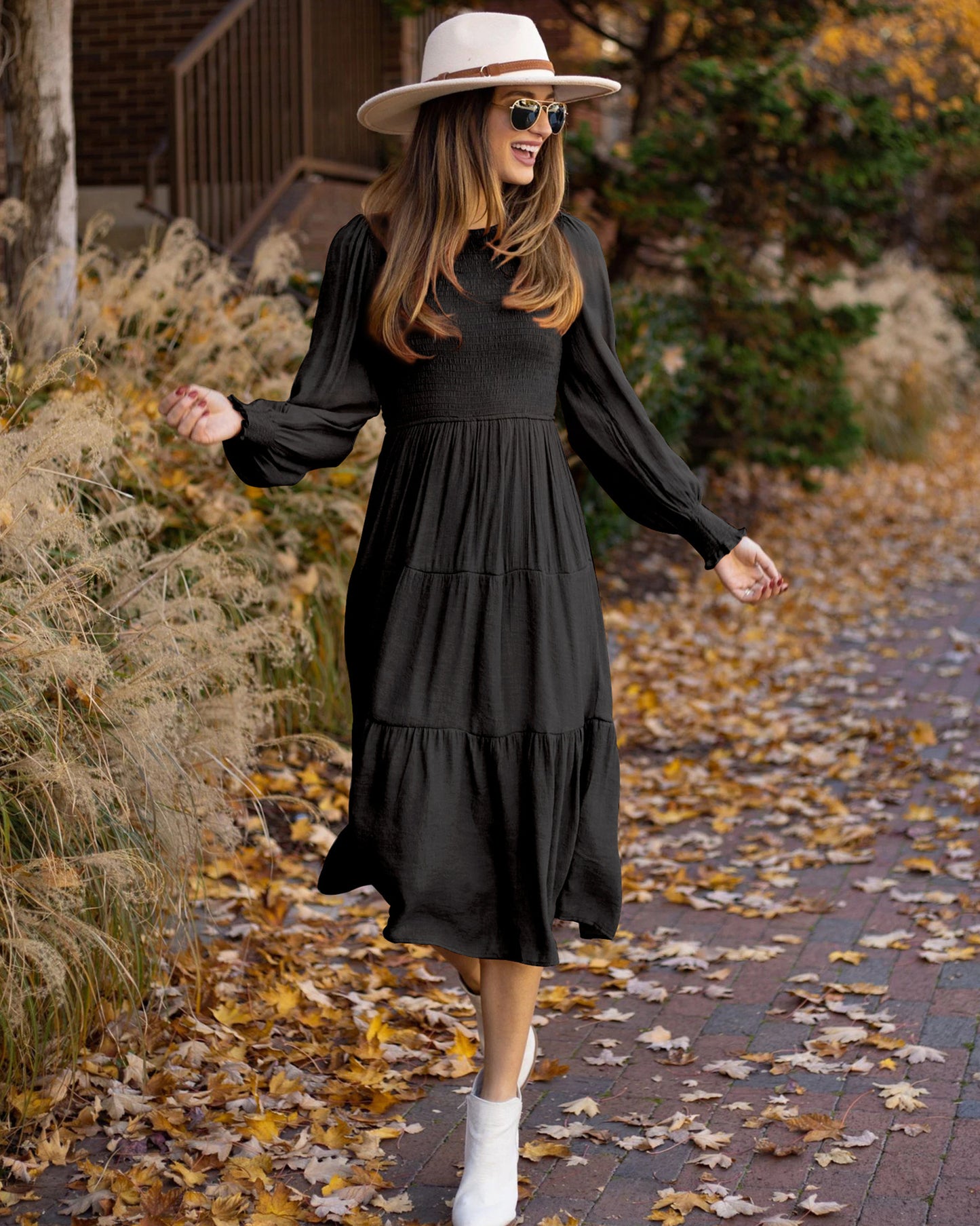 Vestido fruncido con mangas abullonadas y cuello redondo estilo retro francés para mujer Otoño Invierno