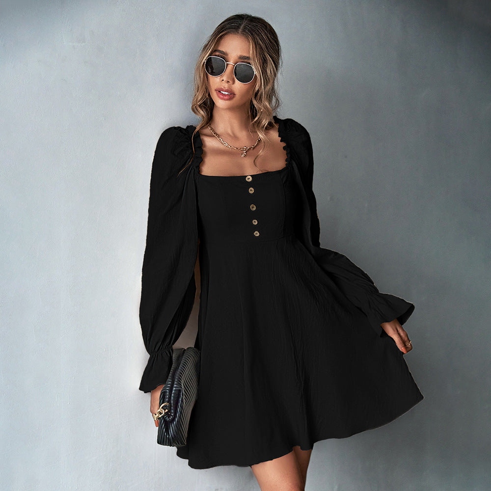 Women Clothing Puff Sleeve Square Neck Cinched Long Sleeve French A line Dress