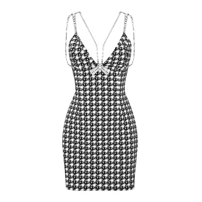 Pied-de-poule noir blanc tricoté Jacquard col en V robe à bretelles femmes vêtements maille dos nu