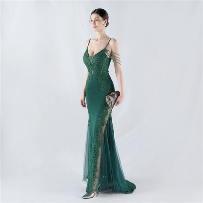 Heavy Embroidery Drilling Boning Corset Vest Lace Beaded High Fork Evening Dress