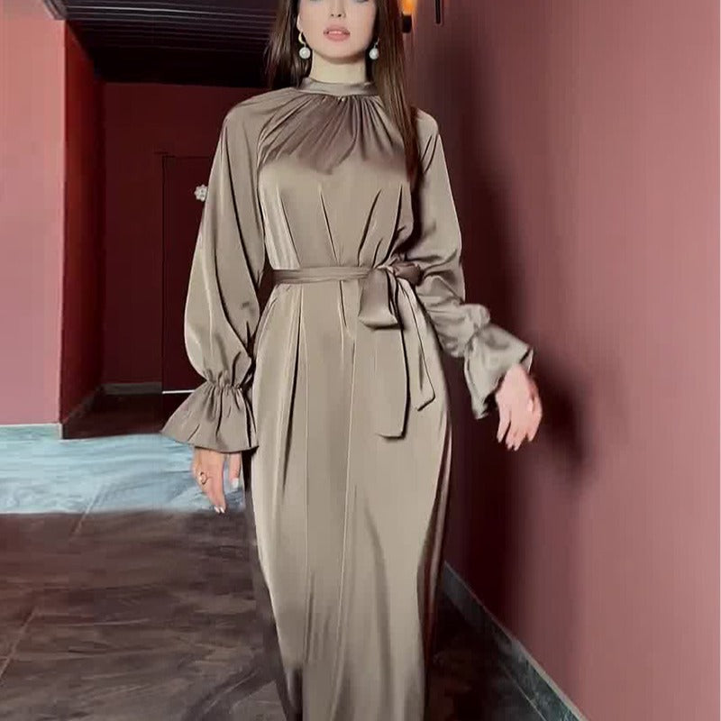 Autumn Solid Color Satin Long Sleeve Loose Dress Belt Women Clothing