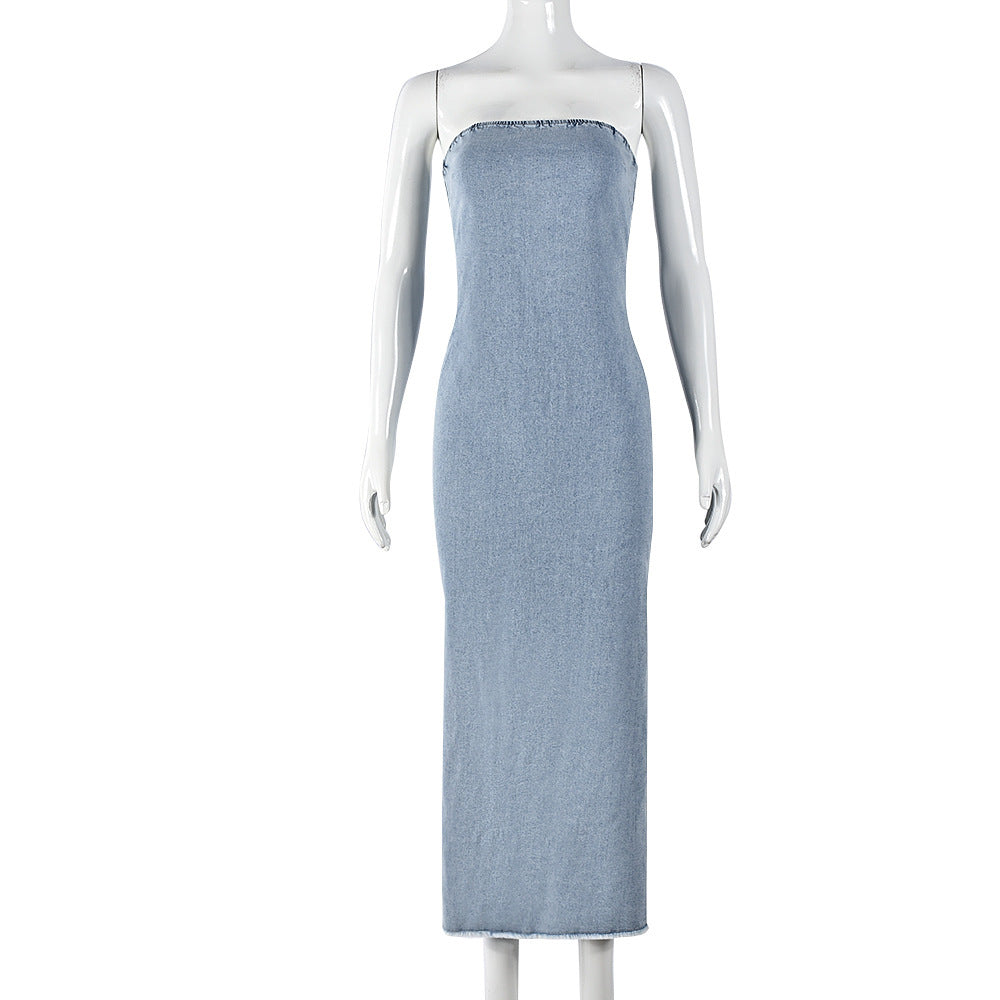 Otoño Denim elástico Sexy Bandeau Slim Fit vestido dividido Mujer