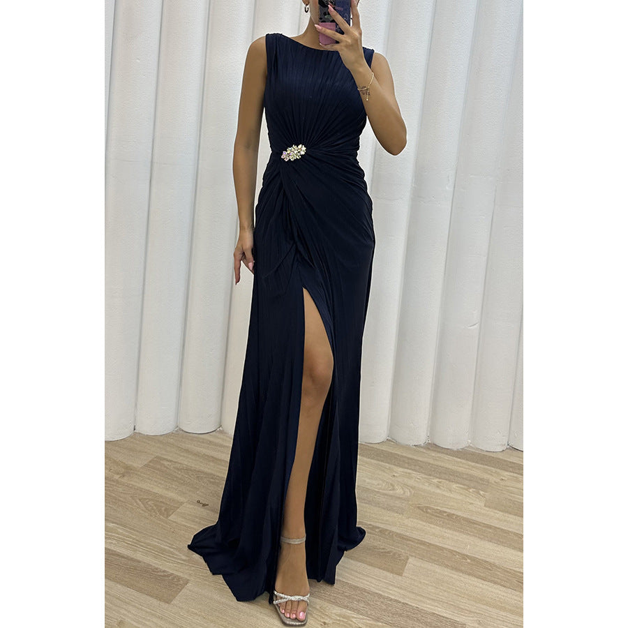 Pleated Split Casual Dress Sleeveless Dress Evening Dress Women