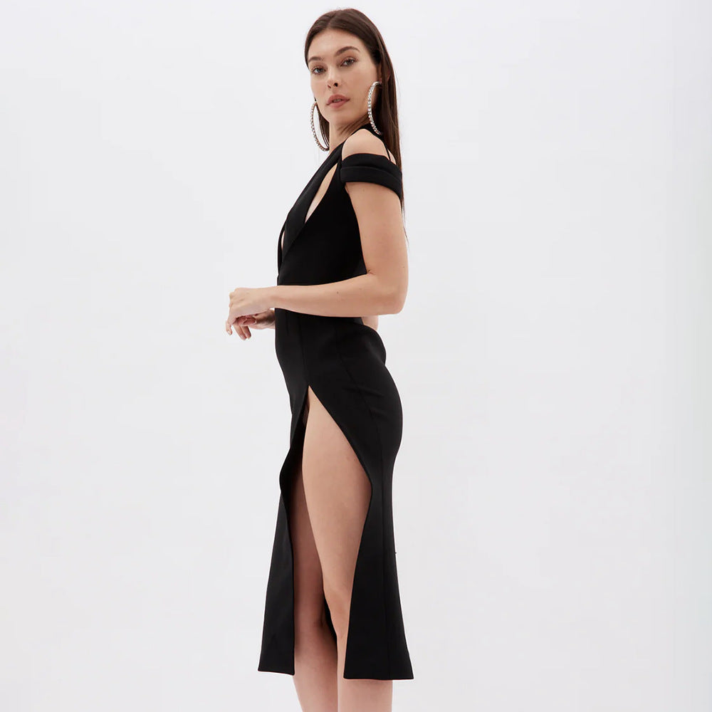 Robe noire à découpes ajourées et fendue Dopamine Wear Robe de conception de vêtements pour femmes