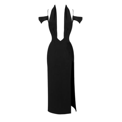 Vestido negro con escote halter y abertura en el cuello, ropa de mujer Dopamine Wear, diseño de ropa