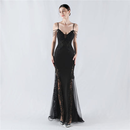 Heavy Embroidery Drilling Boning Corset Vest Lace Beaded High Fork Evening Dress