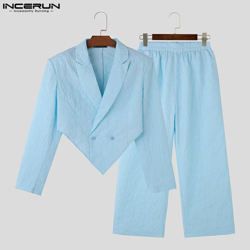 INCERUN – ensemble 2 pièces pour hommes, couleur unie, Streetwear, revers, manches longues, Blazer irrégulier et pantalon, ample, mode décontractée, costumes pour hommes, 2024, S-5XL 