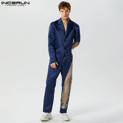 2023 conjuntos para hombre bordado de malla ropa informal con diseño de varias telas solapa manga larga Blazer y pantalones 2 uds moda trajes casuales para hombres S-5XL INCERUN 