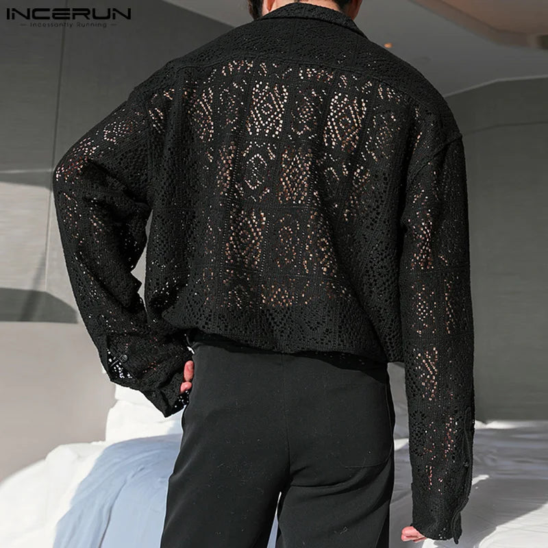 INCERUN 2024 Men Shirt Lace Streetwear Lapel Long Sleeve Men Clothing Sexy Loose Hollow Out Transparent Fashion Casual Shirts