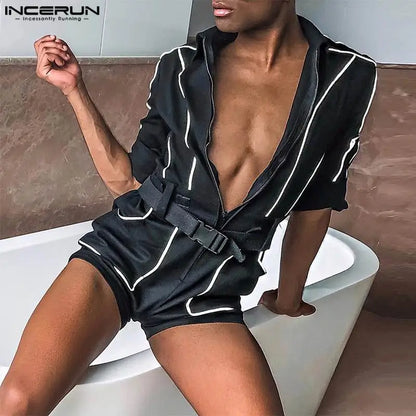 Men Rompers Patchwork Lapel Short Sleeve Zipper Streetwear Jumpsuits With Belt Shorts 2023 Fashion Casual Male Playsuits INCERUN