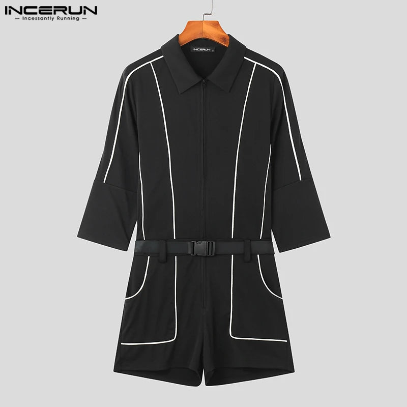 Men Rompers Patchwork Lapel Short Sleeve Zipper Streetwear Jumpsuits With Belt Shorts 2023 Fashion Casual Male Playsuits INCERUN