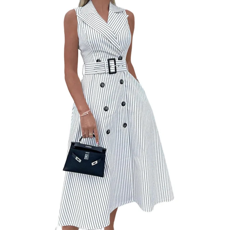 Autumn Women Vertical Stripe Printed Polo Turn-down Collar Dress with Belt High Waist Sleeveless Button Dresses