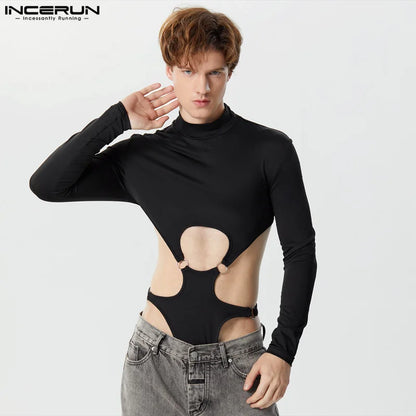 INCERUN Men Bodysuits Solid Hollow Out Turtleneck Long Sleeve Fashion Rompers Streetwear Sexy 2023 Male Irregular Bodysuit S-5XL