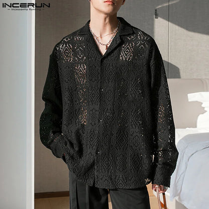 INCERUN 2024 Men Shirt Lace Streetwear Lapel Long Sleeve Men Clothing Sexy Loose Hollow Out Transparent Fashion Casual Shirts