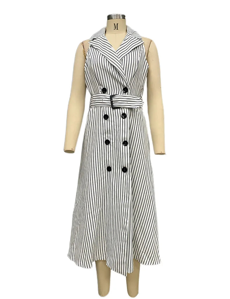 Autumn Women Vertical Stripe Printed Polo Turn-down Collar Dress with Belt High Waist Sleeveless Button Dresses