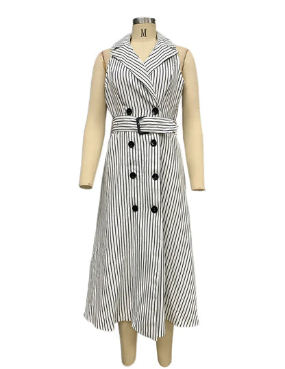 Autumn Women Vertical Stripe Printed Polo Turn-down Collar Dress with Belt High Waist Sleeveless Button Dresses