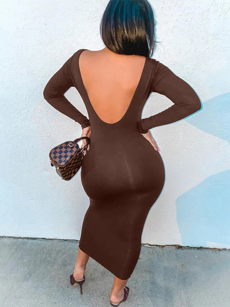 Dulzura Long Sleeve Backless Brown Maxi Dress For Women Bodycon Skinny Sexy Long Dress Streetwear Party Outfits Autumn Winter