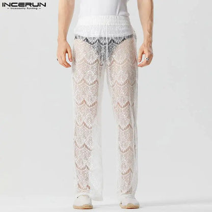 INCERUN – Pantalon en dentelle pour hommes, maille transparente, taille élastique, Sexy, vacances, Streetwear, ample, mode 2023, S-5XL 