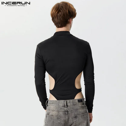 INCERUN, monos para hombre, mono liso con cuello alto calado, monos de moda de manga larga, ropa de calle Sexy 2023, mono Irregular para hombre, S-5XL 