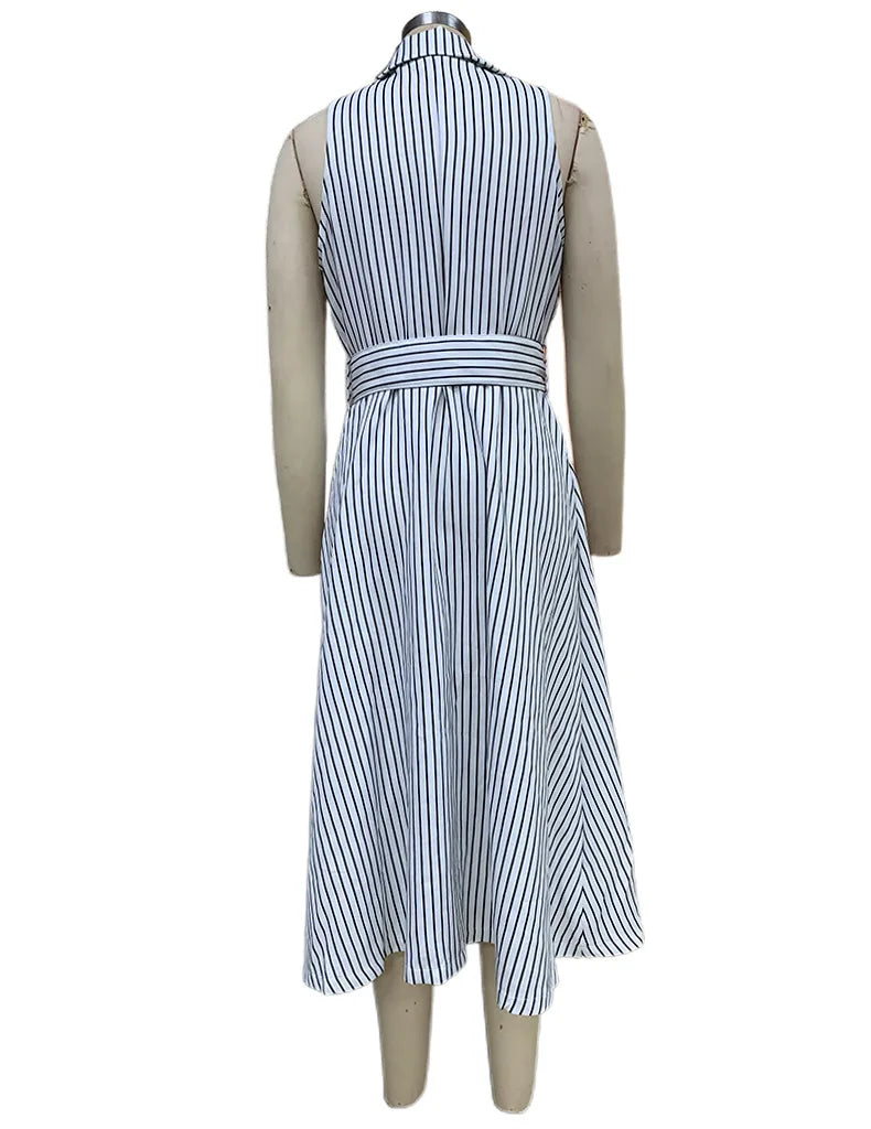 Autumn Women Vertical Stripe Printed Polo Turn-down Collar Dress with Belt High Waist Sleeveless Button Dresses