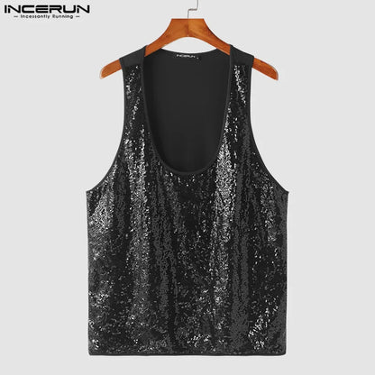 INCERUN Men Tank Tops Sequins Patchwork Shiny O-neck Sleeveless Loose Vests Streetwear 2024 Fashion Casual Men Clothing S-5XL