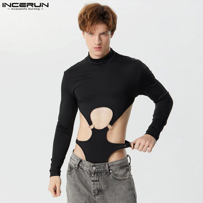 INCERUN hommes body solide évider col roulé à manches longues mode barboteuses Streetwear Sexy 2023 mâle irrégulier body S-5XL 