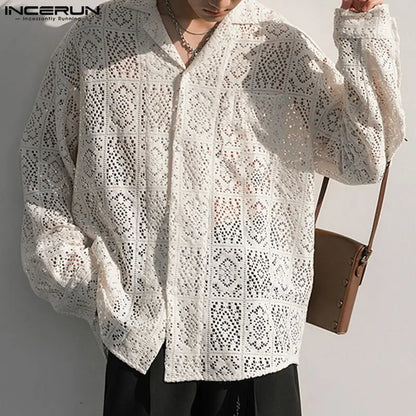 INCERUN 2024, camisa para hombre, ropa de calle de encaje, solapa, ropa de manga larga para hombre, camisas casuales de moda transparentes holgadas sexis 