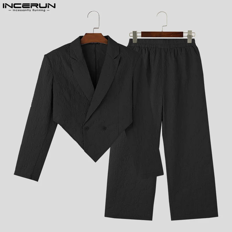 INCERUN – ensemble 2 pièces pour hommes, couleur unie, Streetwear, revers, manches longues, Blazer irrégulier et pantalon, ample, mode décontractée, costumes pour hommes, 2024, S-5XL 