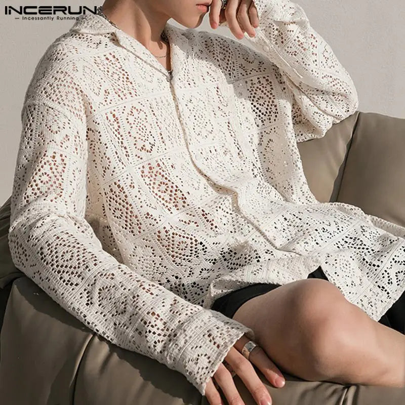 INCERUN 2024 Men Shirt Lace Streetwear Lapel Long Sleeve Men Clothing Sexy Loose Hollow Out Transparent Fashion Casual Shirts