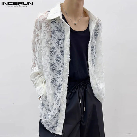 INCERUN Men Shirt Lace Patchwork Transparent Lapel Long Sleeve Men Clothing Streetwear 2024 Jacquard Sexy Fashion Shirts S-5XL